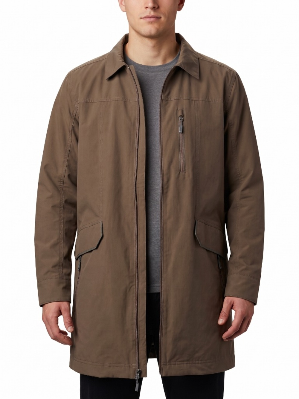 Columbia Mens Large Brown Omni-Heat Full Zip Long Jacket Trench Coat